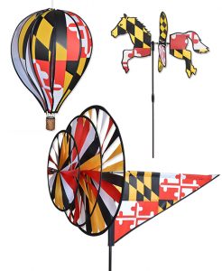 The Backyard Naturalist has Maryland flag themed wind spinners and whirligigs, including a petite horse, hot air balloon and deluxe triple spinner.
