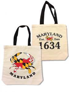 The Backyard Naturalist's Maryland Crab canvas tote bags.