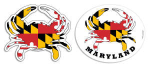 Maryland Crab Decals & Magnets at the Backyard Naturalist. Crab-shapes filled with dynamic patterns from Maryland state flag.