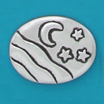 Small coin or token handcrafted in lead free pewter is engraved with moon & stars, flowing water and inspiration message on back.