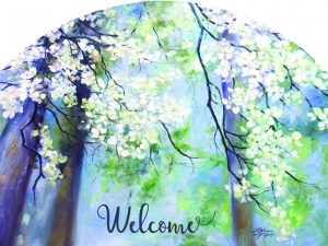 The Backyard Naturalist has outdoor garden plaques back in stock! After slate became impossible to source, the artists now put their designs on durable aluminum, protected with a UV-resistant clear coat. Designs vary, but this welcomes you with Spring's display of tree blossoms.