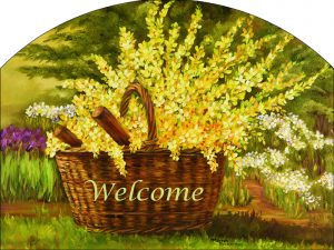 The Backyard Naturalist has outdoor garden plaques back in stock! After slate became impossible to source, the artists now put their designs on durable aluminum, protected with a UV-resistant clear coat. Designs vary, but this welcomes you with a basket overflowing with Spring's Forsythia blossoms.