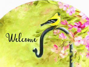 The Backyard Naturalist has outdoor garden plaques back in stock! After slate became impossible to source, the artists now put their designs on durable aluminum, protected with a UV-resistant clear coat. Designs vary, but this welcomes you with a glorious Goldfinch!