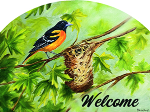 The Backyard Naturalist has outdoor garden plaques back in stock! After slate became impossible to source, the artists now put their designs on durable aluminum, protected with a UV-resistant clear coat. Designs vary, but this welcomes you with a Baltimore Oriole!