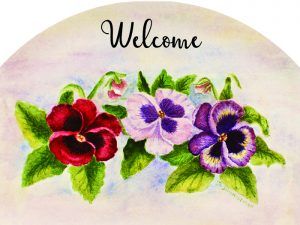 The Backyard Naturalist has outdoor garden plaques back in stock! After slate became impossible to source, the artists now put their designs on durable aluminum, protected with a UV-resistant clear coat. Designs vary, but this welcomes you with a trio of cheerful pansies.