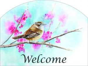 The Backyard Naturalist has outdoor garden plaques back in stock! After slate became impossible to source, the artists now put their designs on durable aluminum, protected with a UV-resistant clear coat. Designs vary, but this welcomes you with a Carolina Wren!