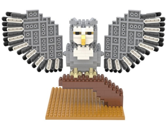 The Backyard Naturalist has Mini Building Blocks for ages 7+. Featuring birds and favorite forest animals. Pictured here, Great Horned Owl, assembled.
