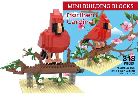The Backyard Naturalist has Mini Building Block sets featuring favorite birds and forest animals, like this vivid male Cardinal. Excellent gifts and stocking stuffers.