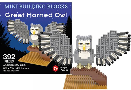 The Backyard Naturalist has Mini Building Block sets featuring favorite birds and forest animals, like this Great Horned Owl. Excellent gifts and stocking stuffers.