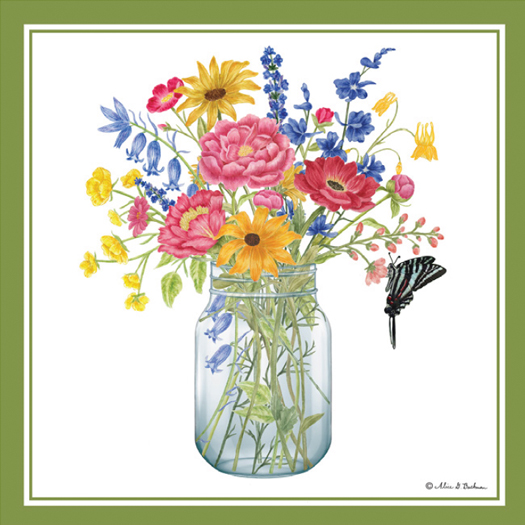 Alice's Cottage quality kitchen textiles feature Marylander Alice Backman's original artwork, including this design new for 2022, Butterfly Lands on Mason Jar Filled with Spring Flowers.