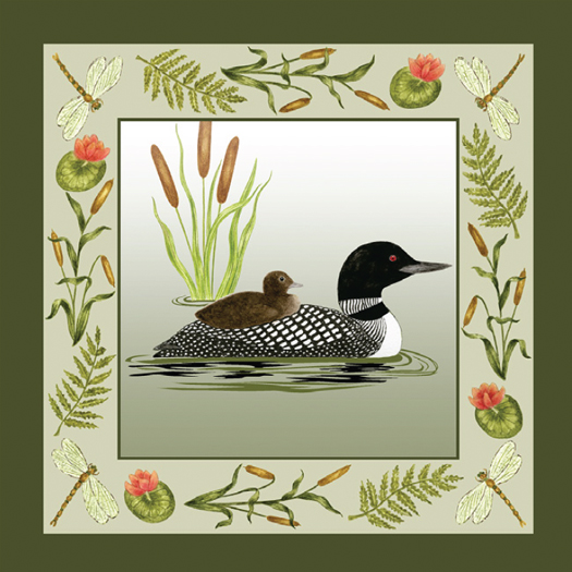 Alice's Cottage quality kitchen textiles feature Marylander Alice Backman's original artwork, including this design new for 2022, Mama Duck Swims with Baby Duck on Her Back.