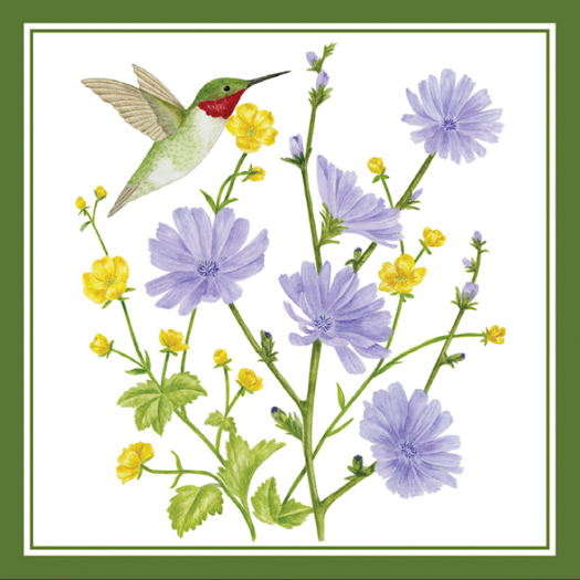 Alice's Cottage quality kitchen textiles feature Marylander Alice Backman's original artwork, including this design new for 2022, with a Ruby-throated Hummingbird buzzing Spring flowers.