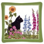 The Backyard Naturalist has Alice's Cottage textiles that include tea towels, spiced mug mats, potholder, totes and more. This design is a favorite and goes quickly, featuring a black cat in a garden with snapdragons and sunflowers.