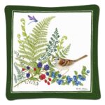 The Backyard Naturalist has Alice's Cottage textiles that include tea towels, spiced mug mats, potholder, totes and more. This design features a Sparrow in a summer array of ferns, berries and flowers.