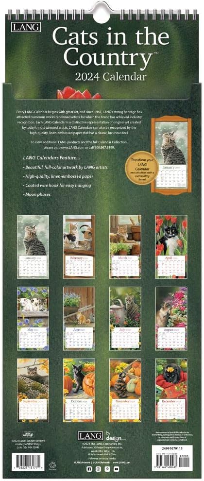 Lang's Cats in the Country 2024 Vertical Wall Calendars are here! The Backyard Naturalist has 2024 calendars in stock, including Audubon and Lang favorites like, Birds, Songbirds, Kids Birding, Nature, 365 Kittens or Puppies, Sloths, Tiny Owls and more in Wall, Mini, Engagements, Pocket Planners and Page-A-Day formats.