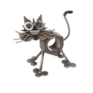 The Backyard Naturalist loves Junkyard Dogs & Cats! Made from materials that otherwise would be doomed to a landfill. Each piece has a unique personality. "Chubby Nut the Cat" is featured here.