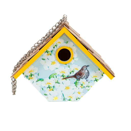 The Backyard Naturalist stocks many styles of decorative bird houses, including this Hanging Wren House, decorated with heat transfer print with luscious Camellia blooms (Alabama's State Flower) and a Carolina Wren.