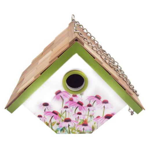 The Backyard Naturalist has whimsical yet functional bird houses in a wide range of themes, including this Hanging Wren House, decorated with heat transfer print featuring glorious Coneflowers.