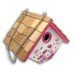 The Backyard Naturalist has whimsical yet functional bird houses in many styles, including this Hanging Wren House, decorated with heat transfer print with glorious Cosmos and honeybee.