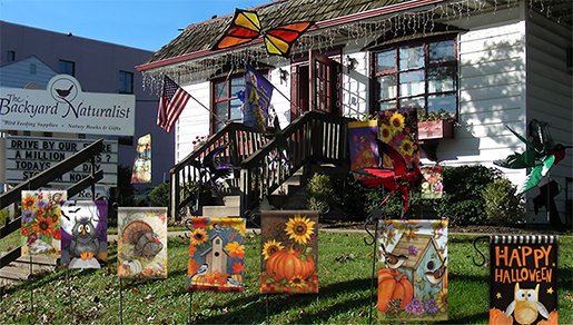 The Backyard Naturalist is the house on the corner with all the flags, wind spinners and whirligigs.