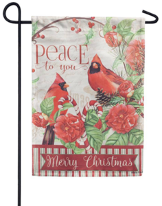 The Backyard Naturalist Holiday Flag Selection for 2020 includes 'Peace to You, Merry Christmas' Cardinals and Candycanes yard flag