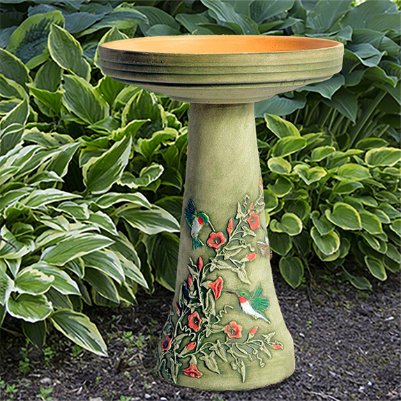 The Backyard Naturalist has glazed clay ceramic bird baths in many designs, styles and finishes, including this one: 'Hummingbirds'.