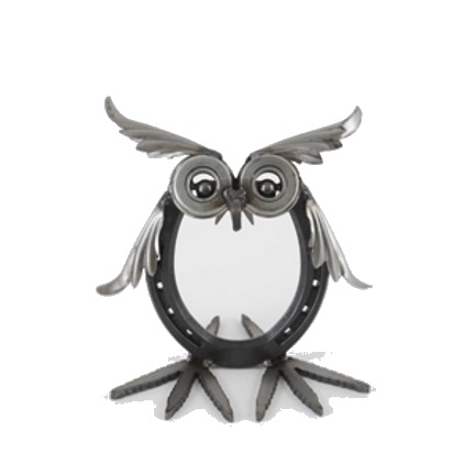 The Backyard Naturalist loves Yardbirds! Made from materials that otherwise would be doomed to a landfill. Each piece has a unique personality. “Lucky Horseshoe Owl” pictured here.