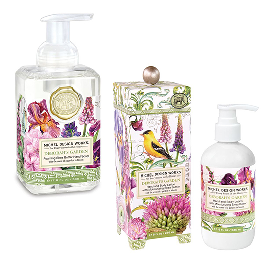 The Backyard Naturalist has Michel Design Works new fragrances for 2022, including candles, foaming hand soap, lotion and napkins in 'Deborah's Garden'.