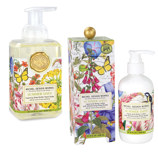 The Backyard Naturalist has Michel Design Works new fragrances for 2022, including candles, foaming hand soap, lotion and napkins in 'Summer Days'.