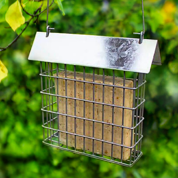 The Backyard Naturalist has many options for suet and seed cake feeders, like this one with a Rustic Farmhouse Galvanized Steel Roof and cage.