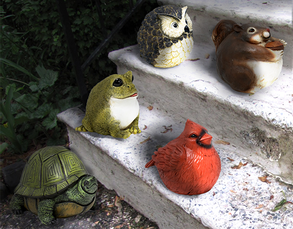 The Backyard Naturalist has Stocky Kritter Key Hiders: turtle, Cardinal, Frog, Owl, Squirrel with magnetic key holder.