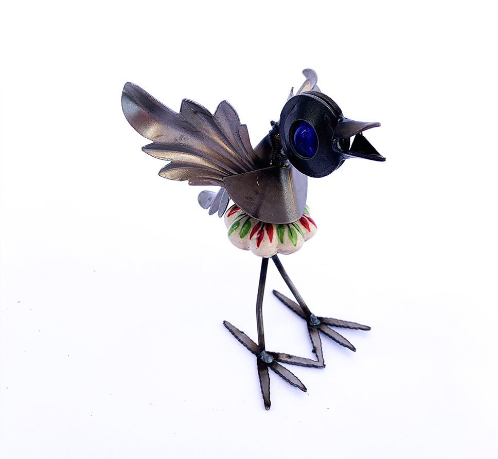 The Backyard Naturalist loves Yardbirds! Made from materials that otherwise would be doomed to a landfill. Each piece has a unique personality. “CK Colorful Bird” pictured here.