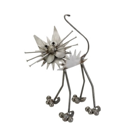 The Backyard Naturalist loves Junkyard Dogs & Cats! Made from materials that otherwise would be doomed to a landfill. Each piece has a unique personality. “Mini Fluffy Cat" pictured here.