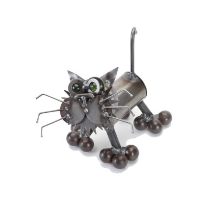 The Backyard Naturalist loves Junkyard Dogs & Cats! Made from materials that otherwise would be doomed to a landfill. Each piece has a unique personality. “Tiny Kitten” pictured here.