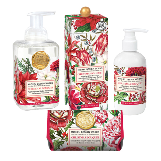The Backyard Naturalist has Michel Design Works new fragrances for 2022, including candles, foaming hand soap, lotion and napkins in Christmas Bouquet.