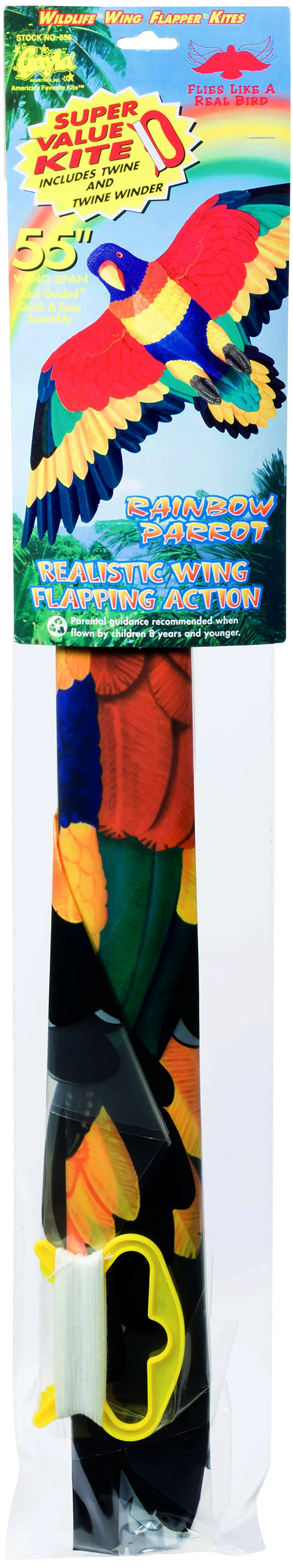 The Backyard Naturalist has Bird Kites with 55-inch wingspan and wings that flap like a real bird, including this Rainforest Rainbow Parrot shown in original packaging.