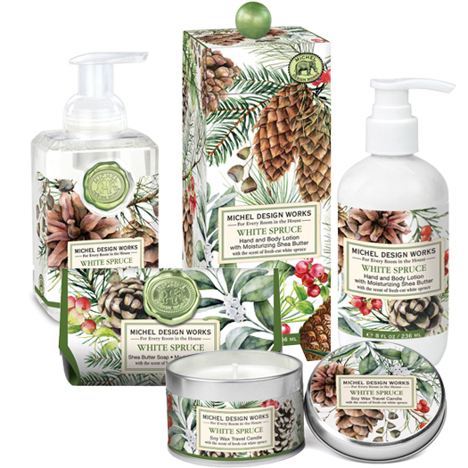 The Backyard Naturalist has Michel Design Works new fragrances for 2022, including candles, foaming hand soap, lotion and napkins in White Spruce.